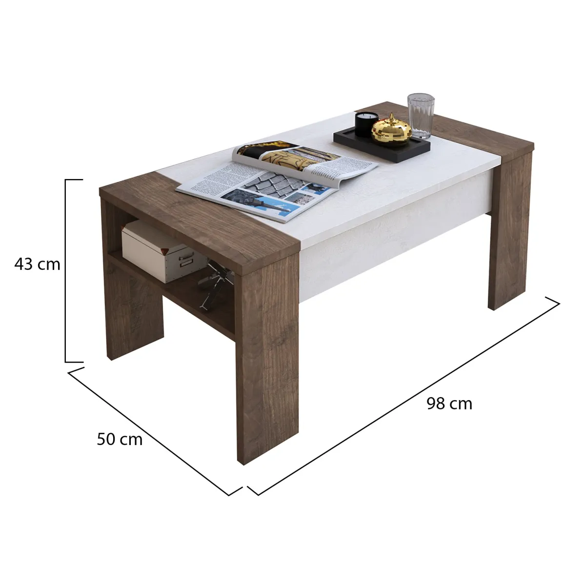 Tavolino da Salotto Marrone Noce Bianco un Vano Piano Sollevabile 98x50x43h cm, Forma Rettangolare - Corallo
