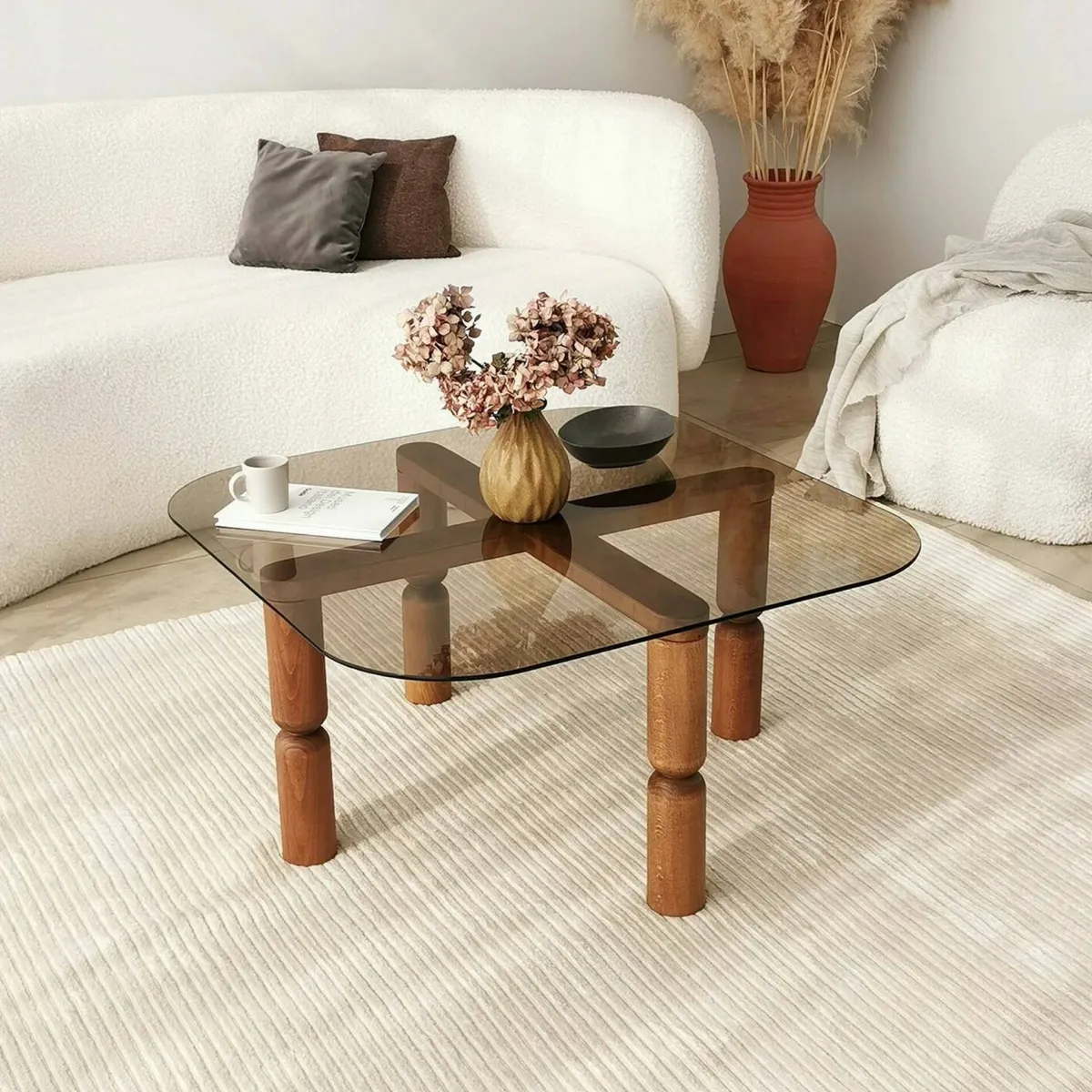 Tavolini Da Salotto|Salotto > Dmora Tavolino da Salotto Effetto Fume Forma Rettangolare 80x80x40h cm, Materiale Struttura in Vetro - Gran Marrone Noce