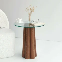 Tavolino da Salotto Marrone Noce Forma Rotonda Materiale Piano in Vetro 45x50x50h cm, Colore Ripiano Trasparente - Brasilia