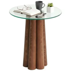 Tavolino da Salotto Marrone Noce Forma Rotonda Materiale Piano in Vetro 45x50x50h cm, Colore Ripiano Trasparente - Brasilia