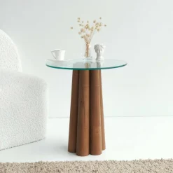 Tavolini Da Salotto|Salotto > Dmora Tavolino da Salotto Forma Rotonda Materiale Piano in Vetro 75x75x40h cm, Colore Ripiano Trasparente - Luigia Marrone Noce
