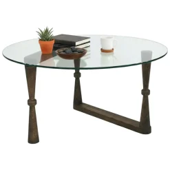 Tavolino da Salotto Marrone Noce Forma Rotonda Materiale Piano in Vetro 80x80x41h cm, Colore Ripiano Trasparente - Belvi