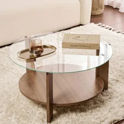 Tavolini Da Salotto > Dmora Tavolino da Salotto Forma Triangolare Materiale Piano in Vetro 86x66x36h cm, Colore Ripiano Trasparente - Volpiano Marrone Noce