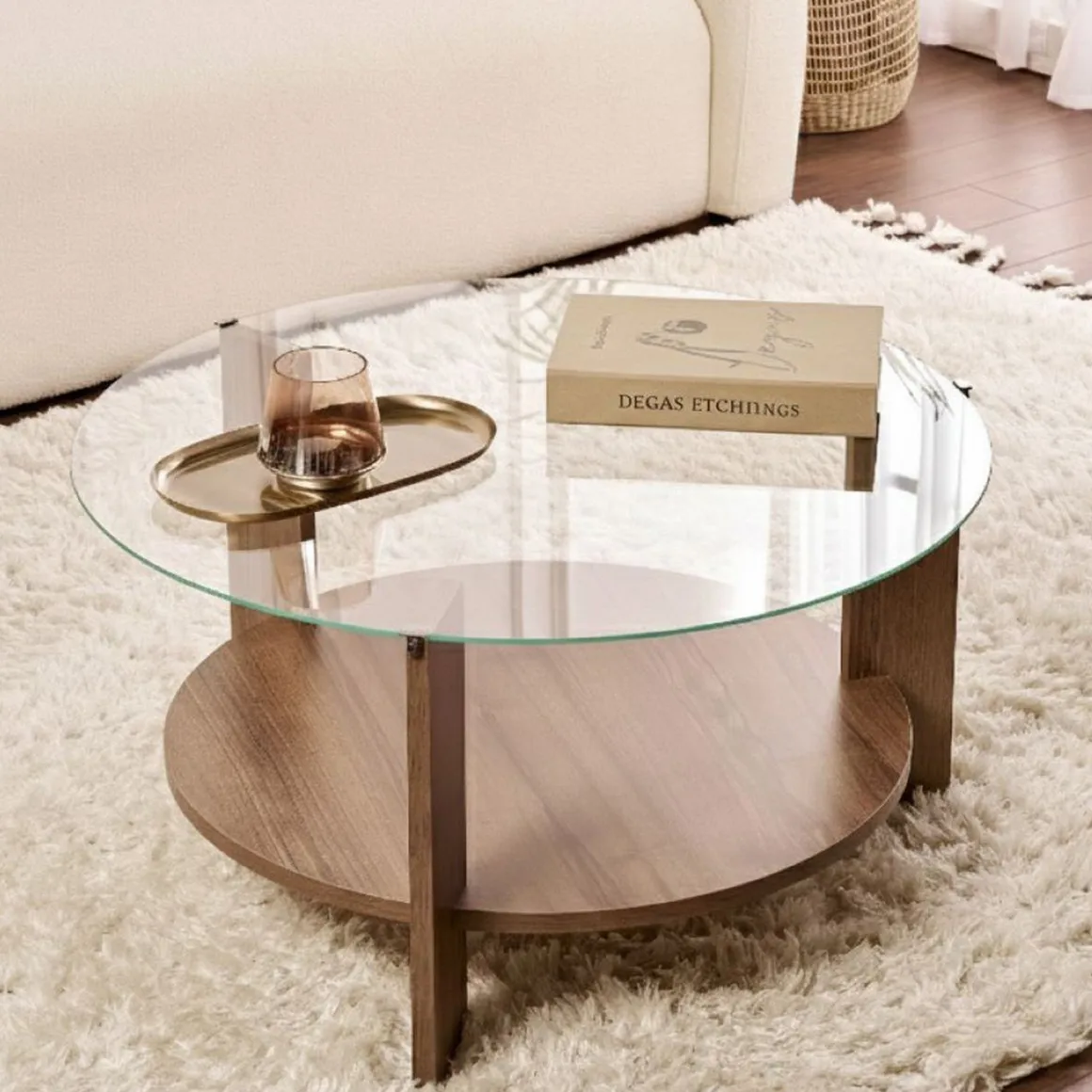 Tavolino da Salotto Marrone Noce Forma Rotondo Materiale Piano in Vetro 75x75x40h cm, Colore Ripiano Trasparente - Canevino