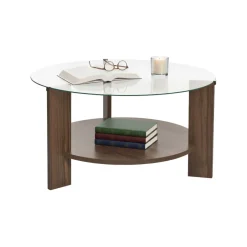 Tavolini Da Salotto > Dmora Tavolino da Salotto Forma Triangolare Materiale Piano in Vetro 86x66x36h cm, Colore Ripiano Trasparente - Volpiano Marrone Noce