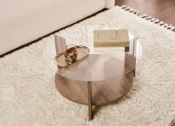 Tavolino da Salotto Marrone Noce Forma Rotondo Materiale Piano in Vetro 75x75x40h cm, Colore Ripiano Trasparente - Canevino