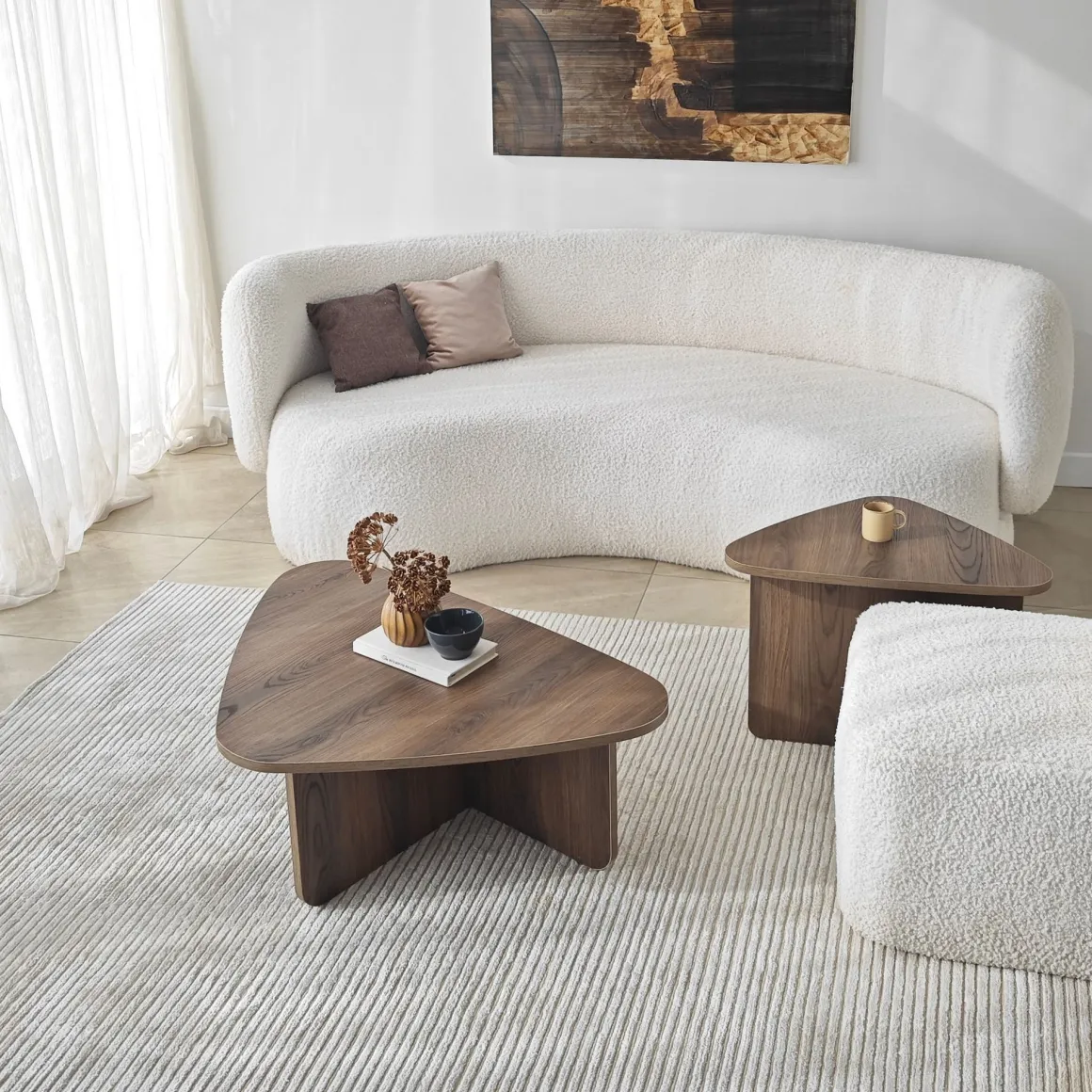 Tavolino da Salotto Marrone Noce Modulabile Forma Triangolare 90x60x35h cm, Sfumatura Colore Ripiano Noce - Saraceno