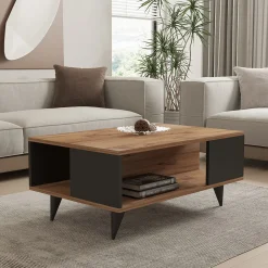 Tavolini Da Salotto > Dmora Tavolino da Salotto Marrone Noce Nero Forma Quadrato Materiale Piano in Legno Nobilitato 100x100x32h cm, Sfumatura Colore Struttura Noce - Sostene Nero, Marrone Noce