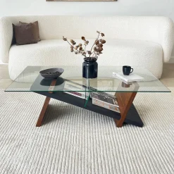 Tavolino da Salotto Marrone Noce Nero un Vano Forma Rettangolare 105x65x31h cm, Colore Ripiano Trasparente - Incarico