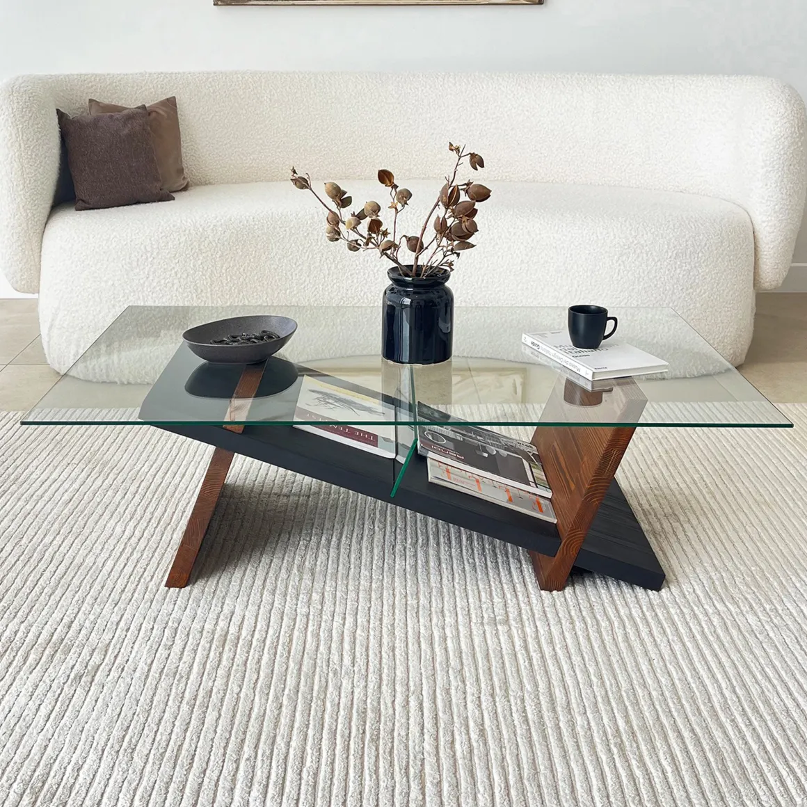 Tavolino da Salotto Marrone Noce Nero un Vano Forma Rettangolare 105x65x31h cm, Colore Ripiano Trasparente - Incarico