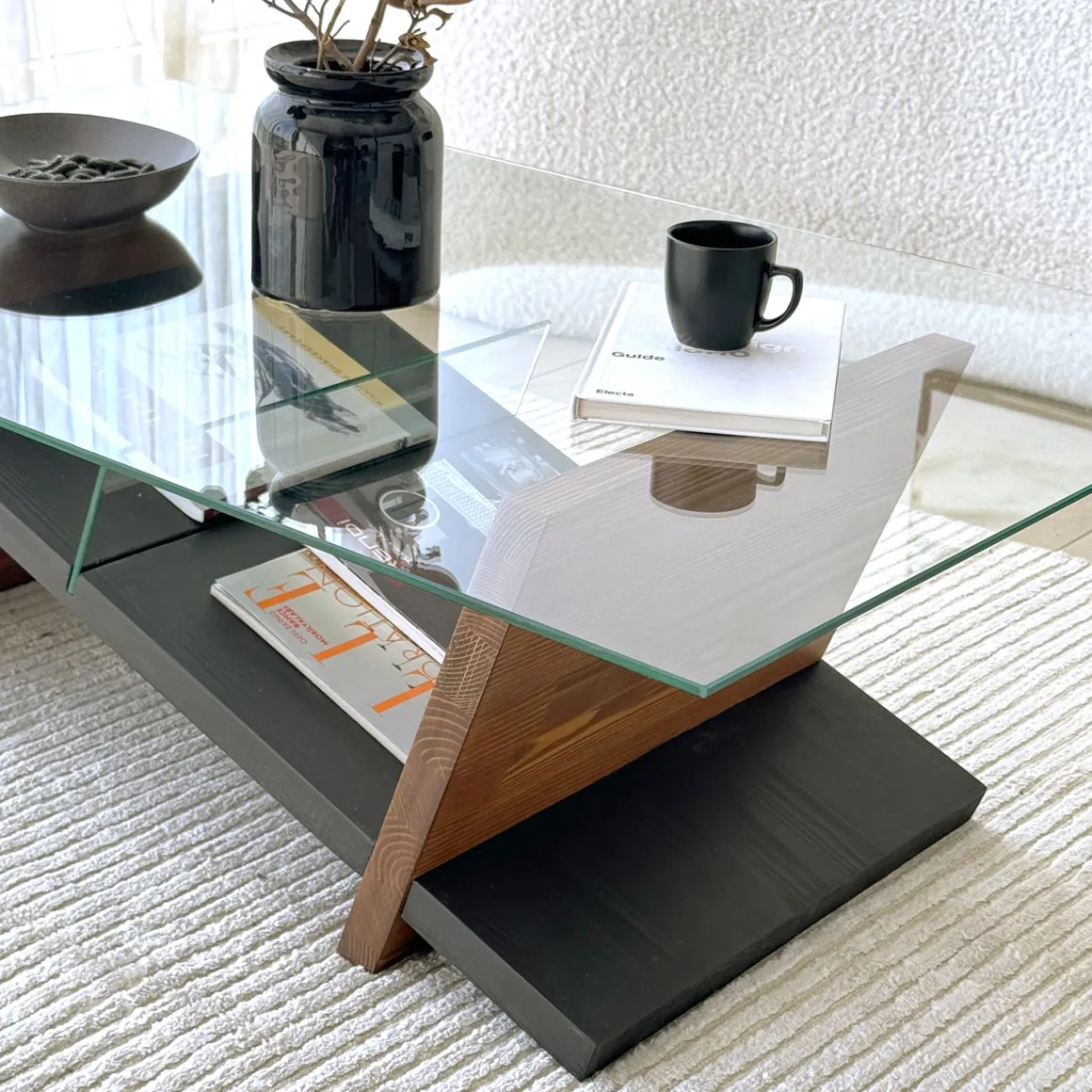 Tavolino da Salotto Marrone Noce Nero un Vano Forma Rettangolare 105x65x31h cm, Colore Ripiano Trasparente - Incarico