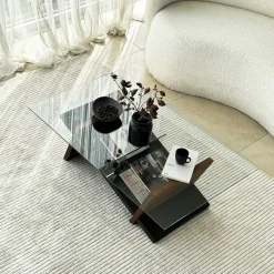Tavolino da Salotto Marrone Noce Nero un Vano Forma Rettangolare 105x65x31h cm, Colore Ripiano Trasparente - Incarico
