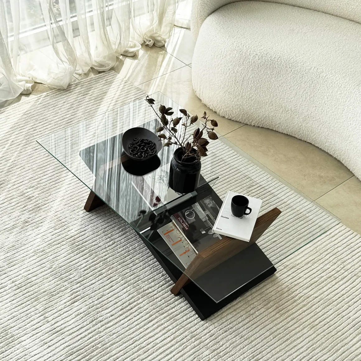 Tavolino da Salotto Marrone Noce Nero un Vano Forma Rettangolare 105x65x31h cm, Colore Ripiano Trasparente - Incarico