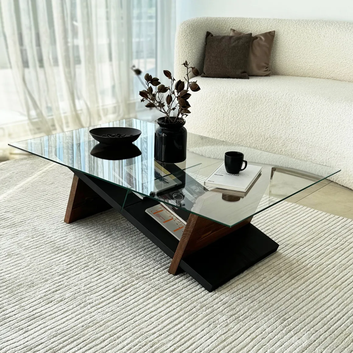 Tavolino da Salotto Marrone Noce Nero un Vano Forma Rettangolare 105x65x31h cm, Colore Ripiano Trasparente - Incarico