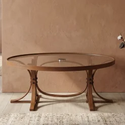 Tavolino da Salotto Marrone Noce Piano in Vetro Temperato Forma Ovale 112x78x47h cm, Materiale Struttura in Vetro - Sommo