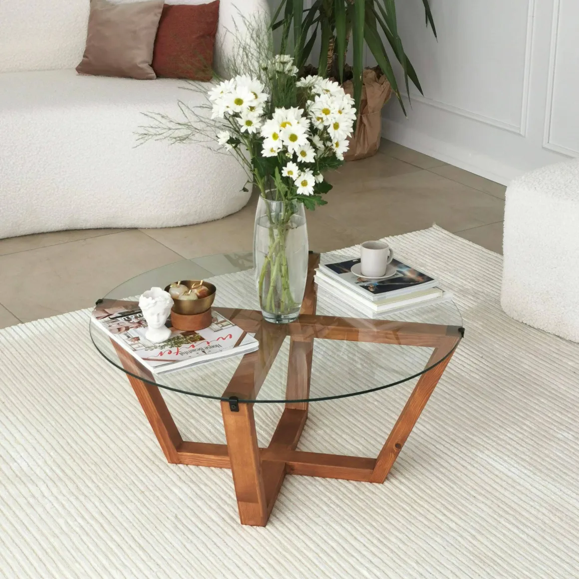 Tavolino da Salotto Marrone Noce Portariviste Forma Rotonda 75x75x35h cm, Sfumatura Colore Struttura Noce - Agatha