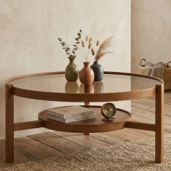 Tavolino da Salotto Marrone Noce un Vano Piano in Vetro Temperato 100x100x48h cm, Forma Rotondo - Olzai
