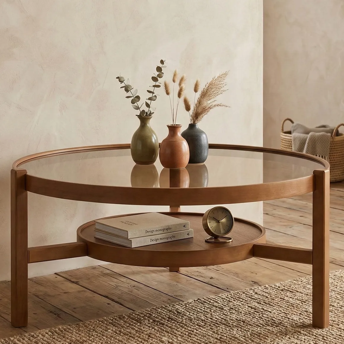 Tavolino da Salotto Marrone Noce un Vano Piano in Vetro Temperato 100x100x48h cm, Forma Rotondo - Olzai