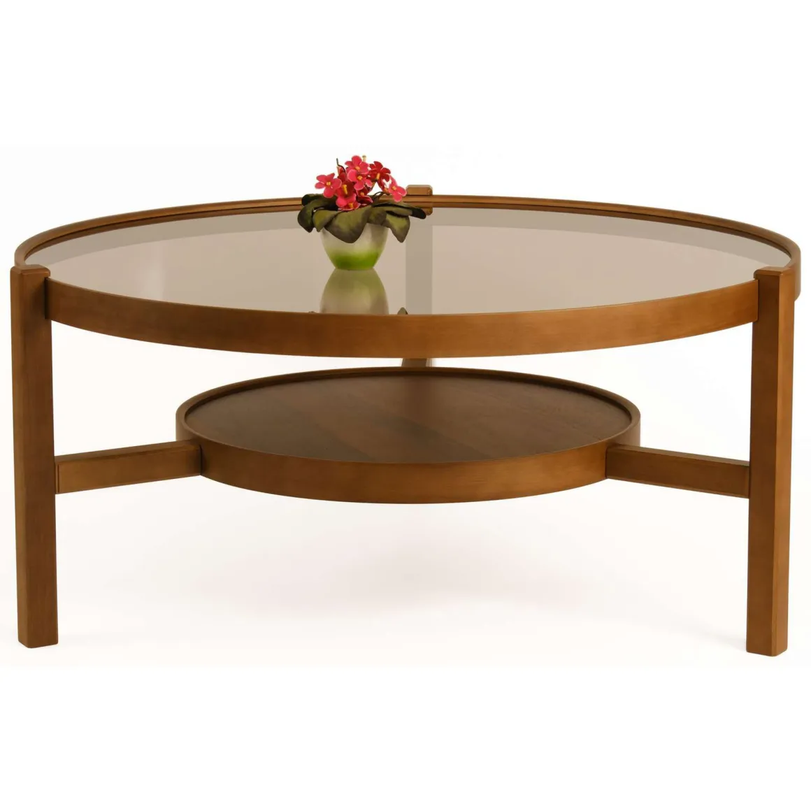 Tavolino da Salotto Marrone Noce un Vano Piano in Vetro Temperato 100x100x48h cm, Forma Rotondo - Olzai
