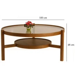 Tavolino da Salotto Marrone Noce un Vano Piano in Vetro Temperato 100x100x48h cm, Forma Rotondo - Olzai