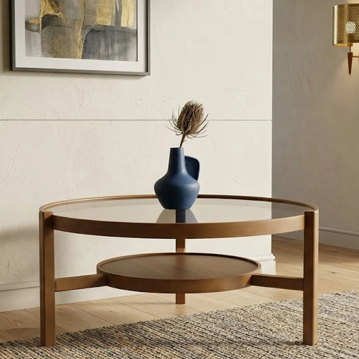 Tavolino da Salotto Marrone Noce un Vano Piano in Vetro Temperato 100x100x48h cm, Forma Rotondo - Olzai