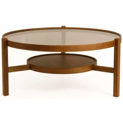 Tavolino da Salotto Marrone Noce un Vano Piano in Vetro Temperato 100x100x48h cm, Forma Rotondo - Olzai