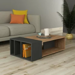 Tavolino da Salotto Marrone Quercia Nero Antracite 4 Vani Forma Rettangolarearrotondata 102x60x32h cm, Colore Ripiano Marrone - Tufo