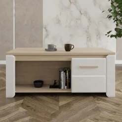 Tavolini Da Salotto > Dmora Tavolino da Salotto Marrone Rovere Bianco Opaco con Piedini 3 Vani 121x55x49h cm, Forma Rettangolare - Pettor Bianco Opaco, Marrone Rovere