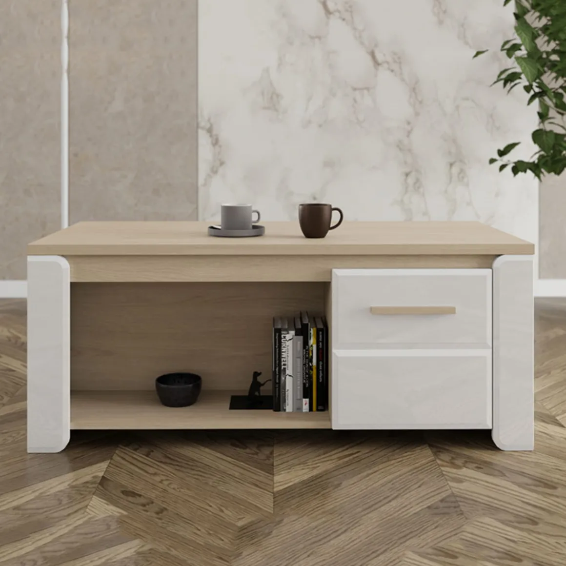 Tavolini Da Salotto > Dmora Tavolino da Salotto Marrone Rovere Bianco Opaco con Piedini 3 Vani 121x55x49h cm, Forma Rettangolare - Pettor Bianco Opaco, Marrone Rovere
