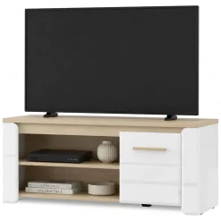 Tavolini Da Salotto > Dmora Tavolino da Salotto Marrone Rovere Bianco Opaco con Piedini 3 Vani 121x55x49h cm, Forma Rettangolare - Pettor Bianco Opaco, Marrone Rovere