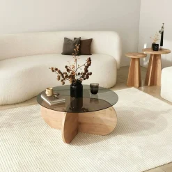 Tavolini Da Salotto|Salotto > Dmora Tavolino da Salotto Effetto Fume Forma Rotonda 75x75x35h cm, Materiale Struttura in Vetro - Nila Marrone Rovere