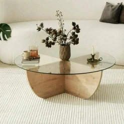 Tavolino da Salotto Marrone Rovere Forma Circolare Materiale Piano in Vetro 90x90x30h cm, Colore Ripiano Trasparente - Jolanda