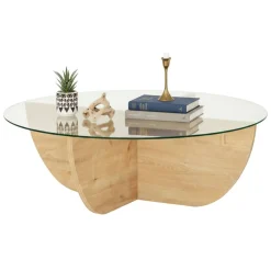 Tavolino da Salotto Marrone Rovere Forma Circolare Materiale Piano in Vetro 90x90x30h cm, Colore Ripiano Trasparente - Jolanda