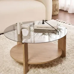 Tavolino da Salotto Marrone Rovere Forma Rotondo Colore Ripiano Trasparente 75x75x40h cm, Sfumatura Colore Struttura Rovere - Canevino