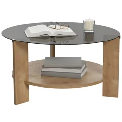 Tavolino da Salotto Marrone Rovere Forma Rotondo Colore Ripiano Trasparente 75x75x40h cm, Sfumatura Colore Struttura Rovere - Canevino