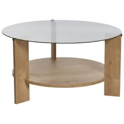 Tavolino da Salotto Marrone Rovere Forma Rotondo Colore Ripiano Trasparente 75x75x40h cm, Sfumatura Colore Struttura Rovere - Canevino