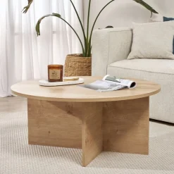 Tavolino da Salotto Marrone Rovere Forma Rotondo Materiale Piano in Legno Nobilitato 90x90x40h cm, Colore Ripiano Marrone - Simbario