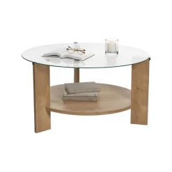 Tavolino da Salotto Marrone Rovere Forma Rotondo Materiale Piano in Vetro 75x75x40h cm, Colore Ripiano Trasparente - Canevino