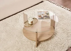 Tavolino da Salotto Marrone Rovere Forma Rotondo Materiale Piano in Vetro 75x75x40h cm, Colore Ripiano Trasparente - Canevino