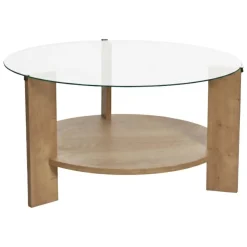 Tavolino da Salotto Marrone Rovere Forma Rotondo Materiale Piano in Vetro 75x75x40h cm, Colore Ripiano Trasparente - Canevino