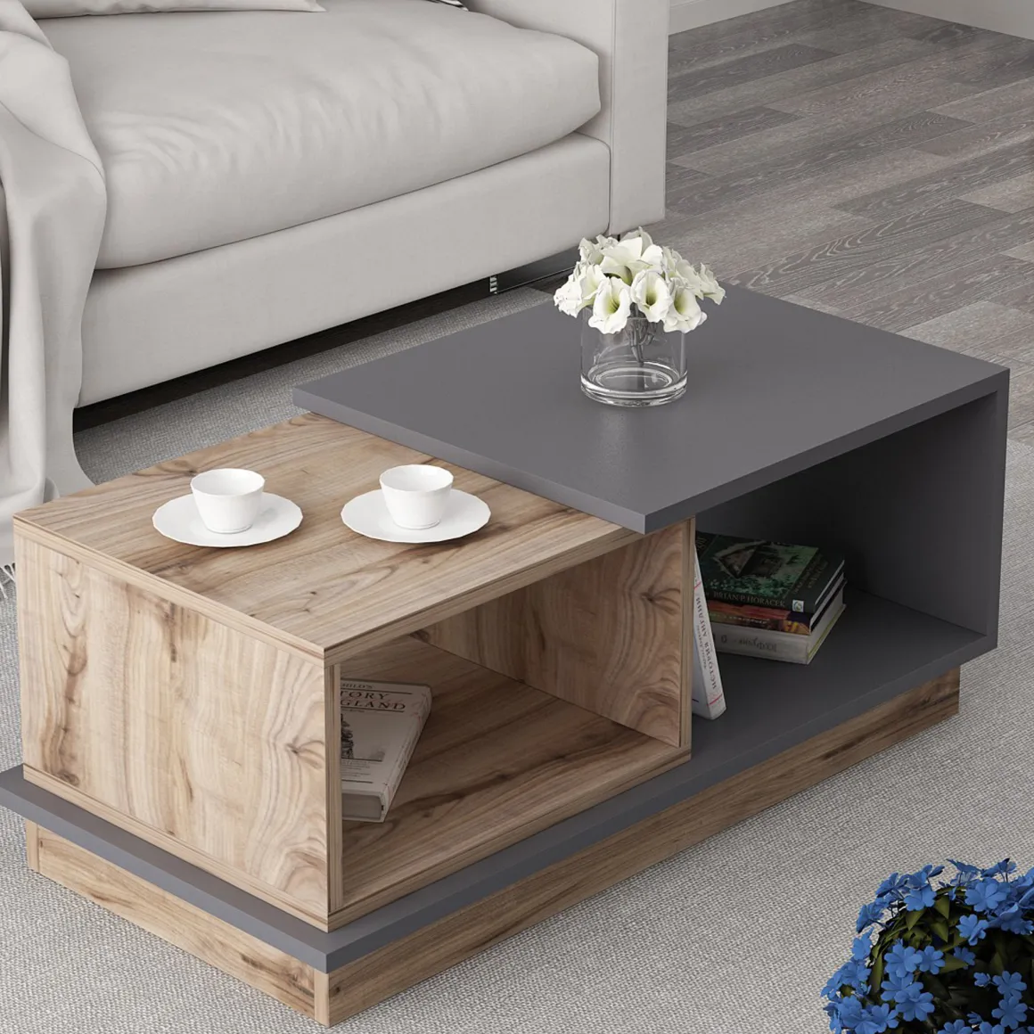 Tavolini Da Salotto > Dmora Tavolino da Salotto Marrone Rovere Nero Antracite 2 Vani con Piedini 90x50x39h cm, Forma Rettangolare - Parcines Nero Antracite, Marrone Rovere