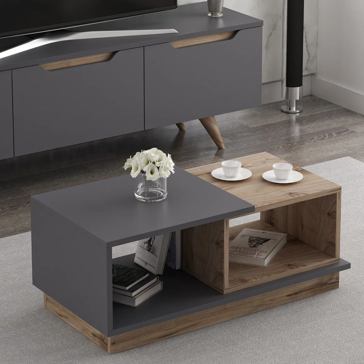 Tavolini Da Salotto > Dmora Tavolino da Salotto Marrone Rovere Nero Antracite 2 Vani con Piedini 90x50x39h cm, Forma Rettangolare - Parcines Nero Antracite, Marrone Rovere