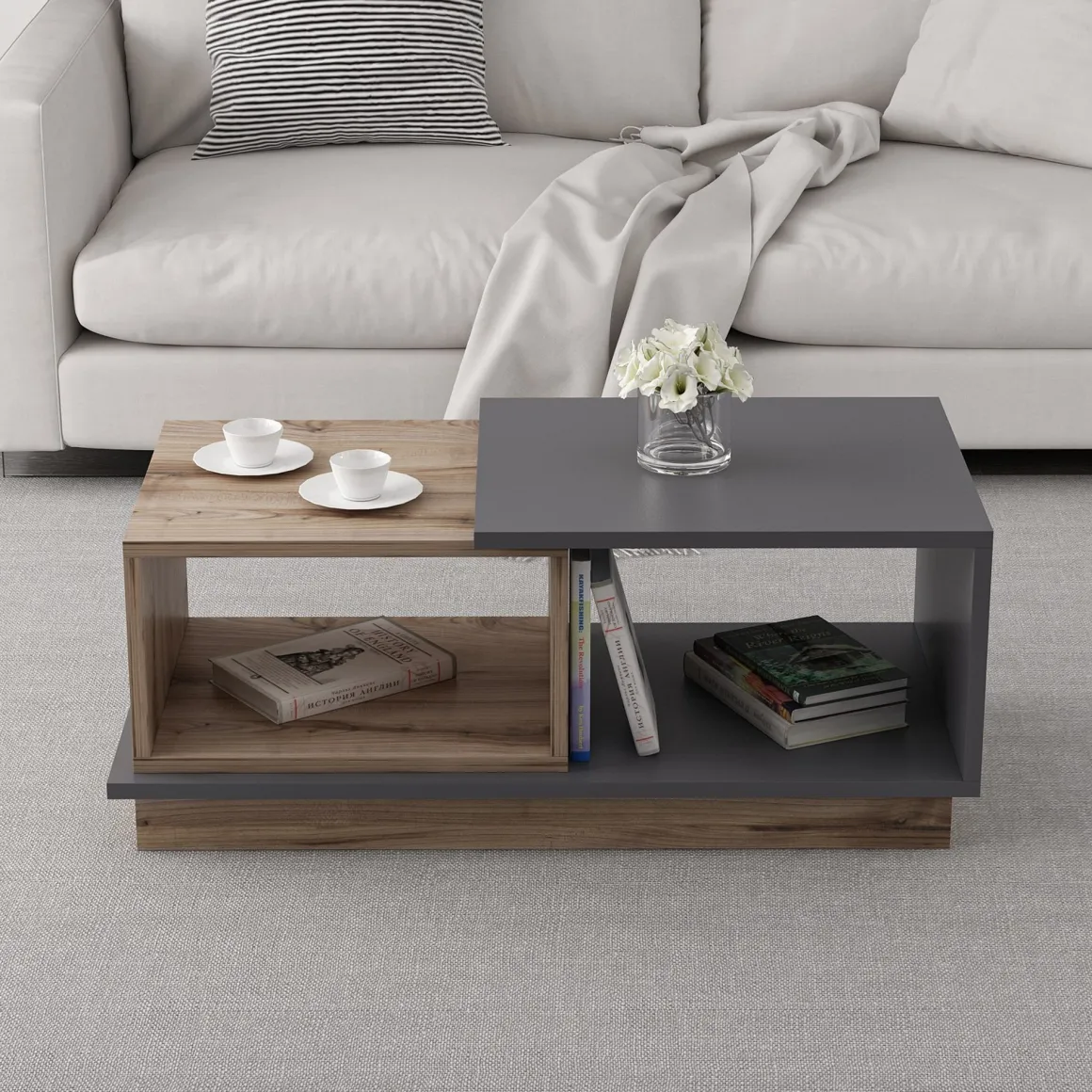 Tavolini Da Salotto > Dmora Tavolino da Salotto Marrone Rovere Nero Antracite 2 Vani con Piedini 90x50x39h cm, Forma Rettangolare - Parcines Nero Antracite, Marrone Rovere