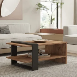 Tavolini Da Salotto > Dmora Tavolino da Salotto Marrone Rovere Nero Effetto Paglia di Vienna 3 Vani 60x26x60h cm, Forma Rettangolare - Calvi Nero, Marrone Rovere