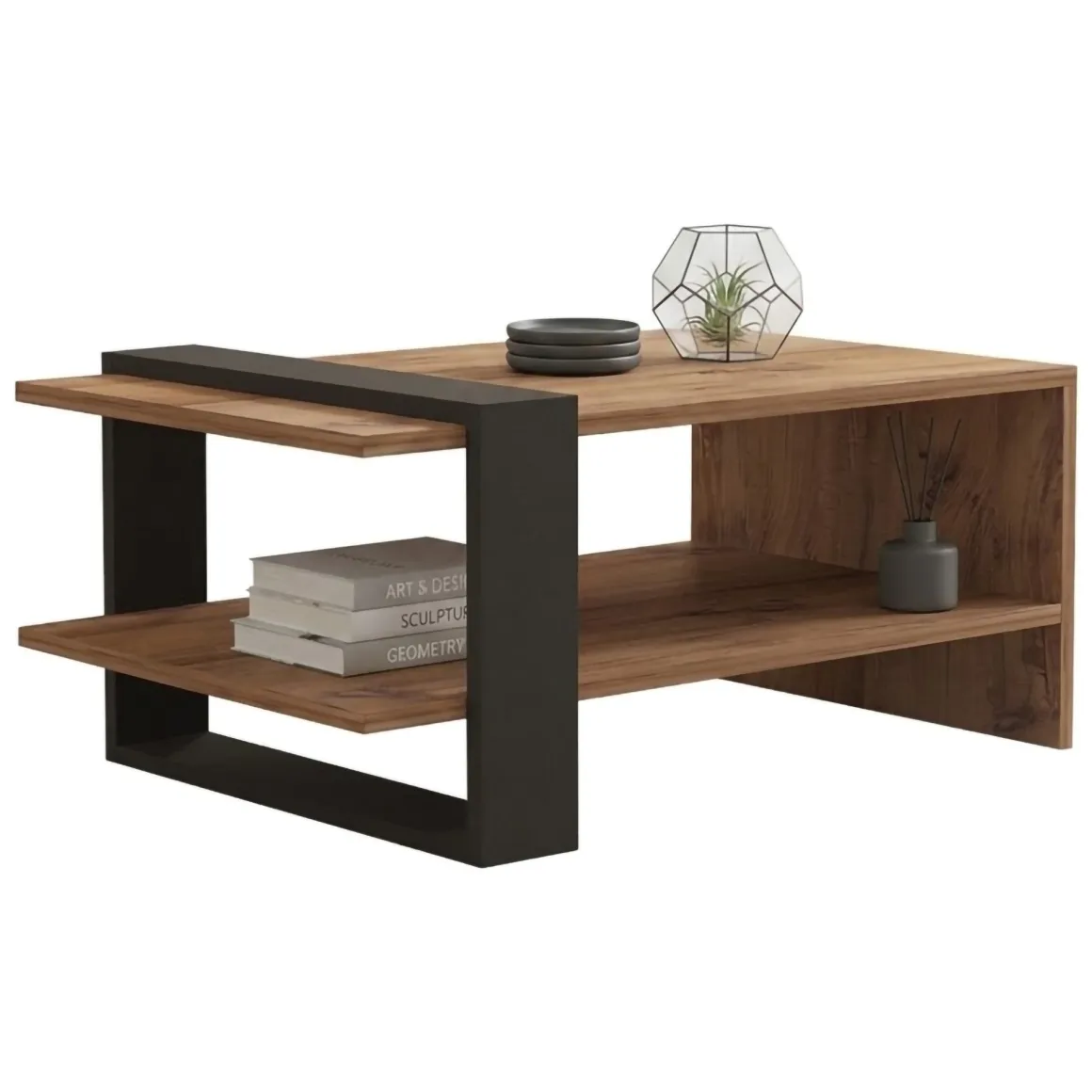 Tavolino da Salotto Marrone Rovere Nero Antracite un Vano Forma Rettangolare 80x55x35h cm, Colore Ripiano Marrone - Cigliano