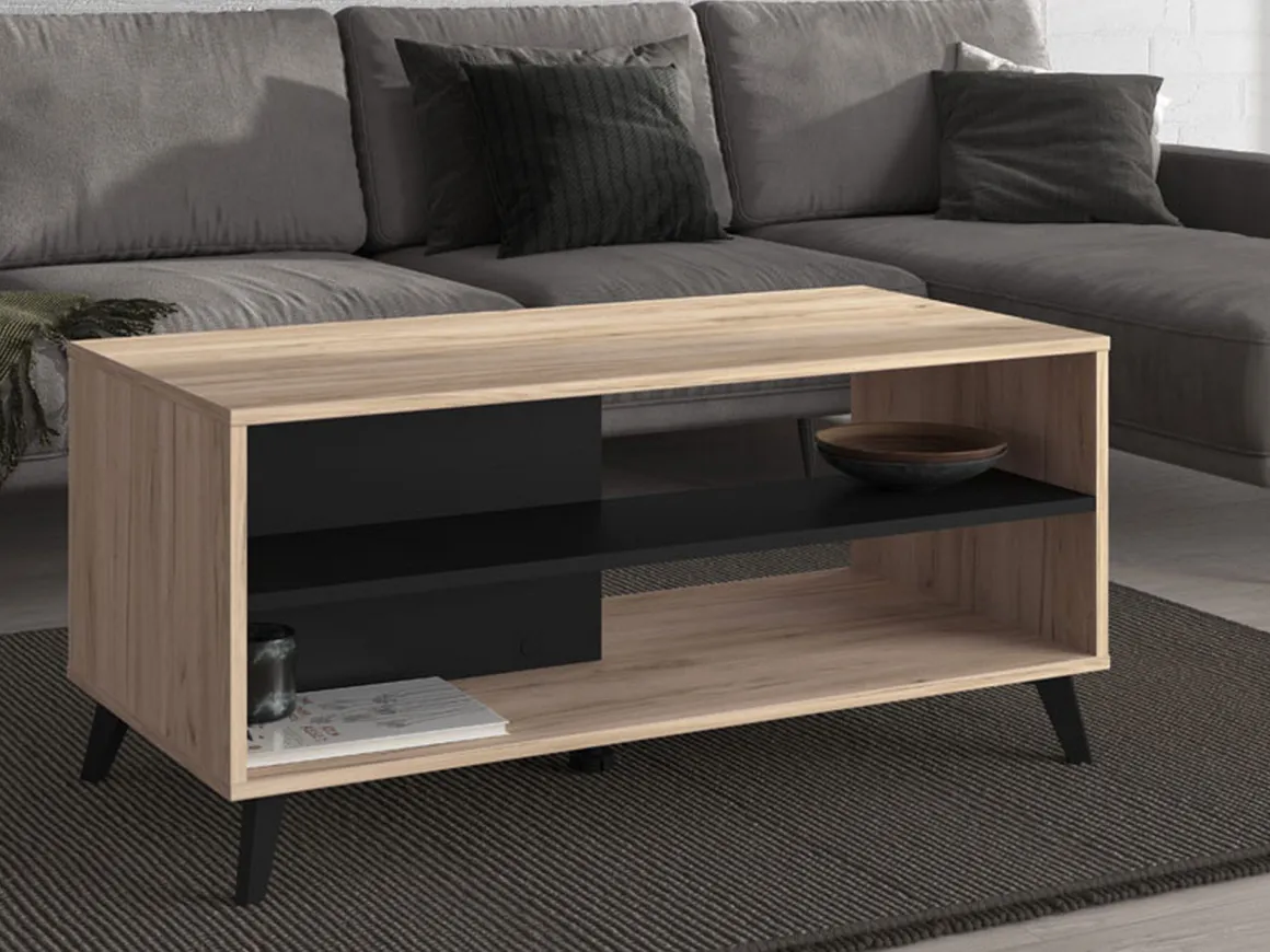 Tavolino da Salotto Marrone Rovere Nero con Piedini 2 Vani 101.5x50x47h cm, Forma Rettangolare - Priola