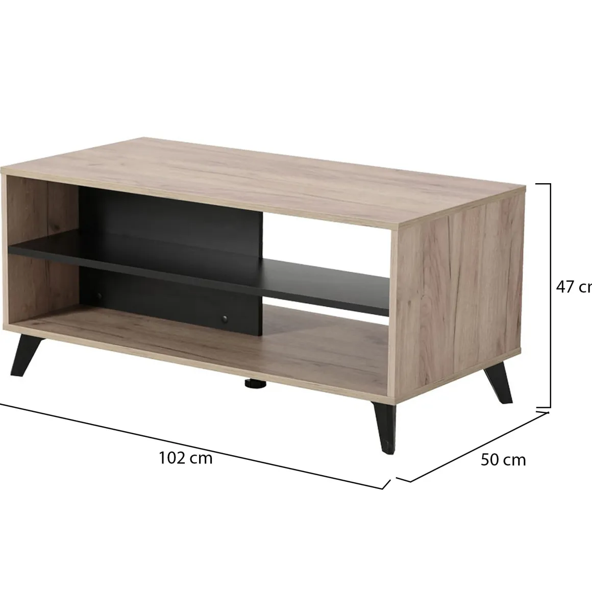 Tavolino da Salotto Marrone Rovere Nero con Piedini 2 Vani 101.5x50x47h cm, Forma Rettangolare - Priola