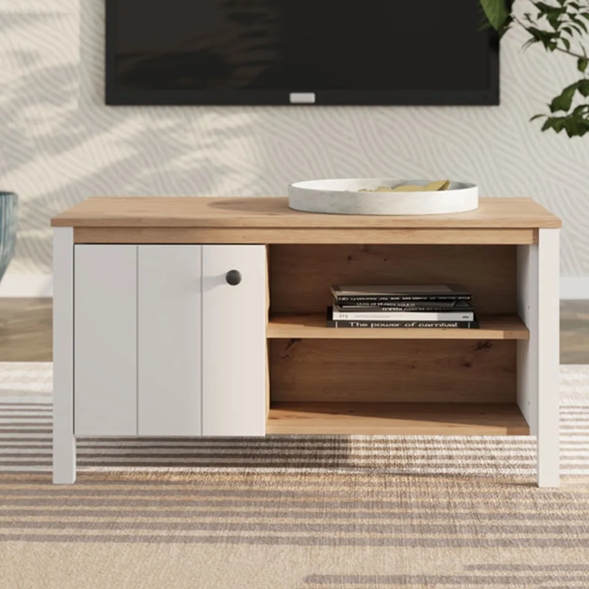 Tavolino da Salotto Marrone Rovere Nodi Bianco Opaco con Piedini 3 Vani 101x55x53h cm, Forma Rettangolare - Rivod