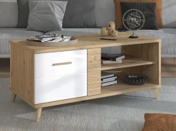 Tavolini Da Salotto > Dmora Tavolino da Salotto Cassetti con Piedini 50x100x43h cm, 3 Vani - Fairbury Marrone Rovere Nodi