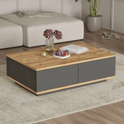 Tavolini Da Salotto > Dmora Tavolino da Salotto Marrone Rovere Nodi Nero con Piedini 2 Vani 120.5x60.5x42.5h cm, Forma Rettangolare - Corsano Nero, Marrone Rovere Nodi